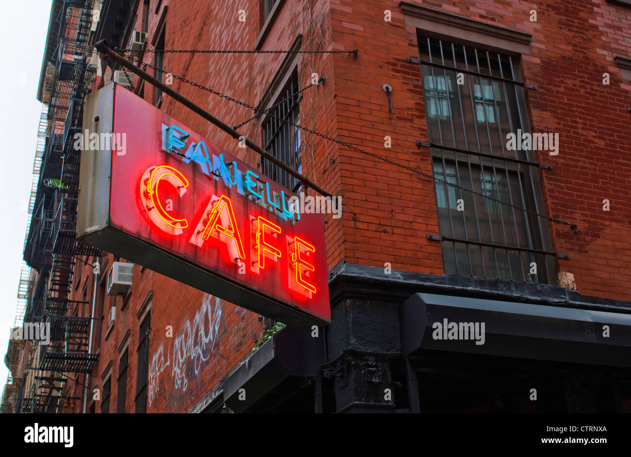 Neon sign outside Fanelli Cafe in Soho, New York City Stock Photo