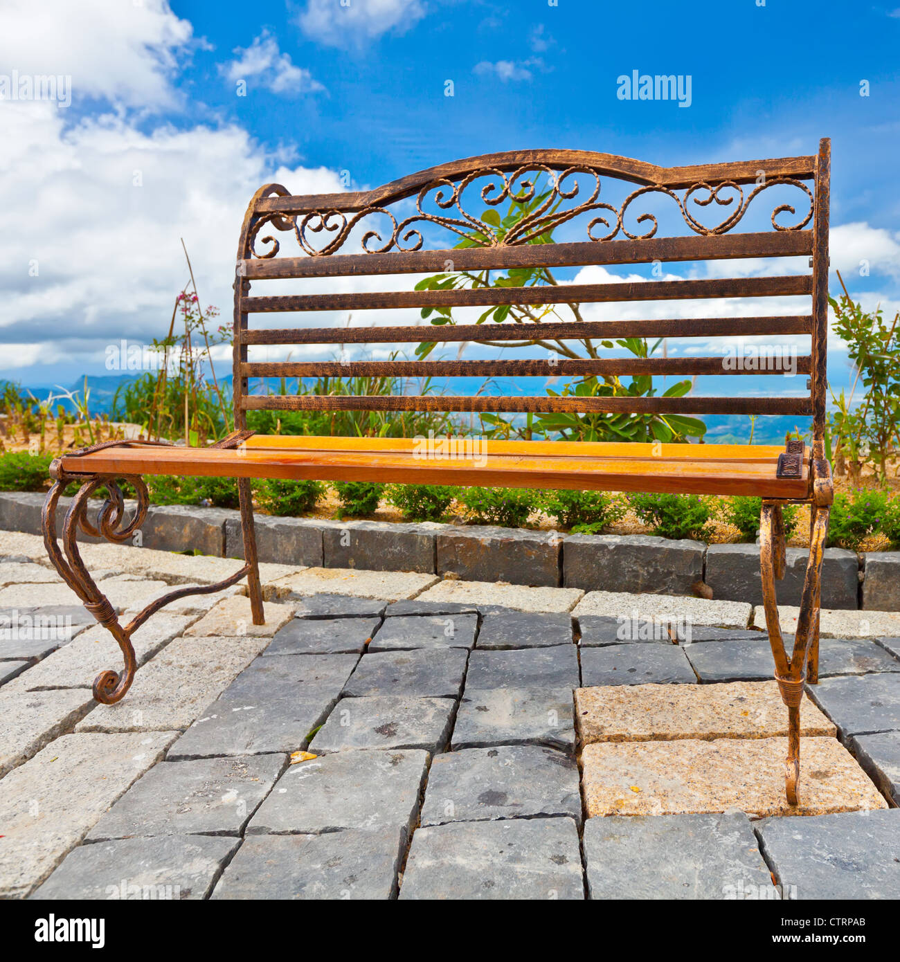 Old vintage bench. Sky on the background Stock Photo - Alamy