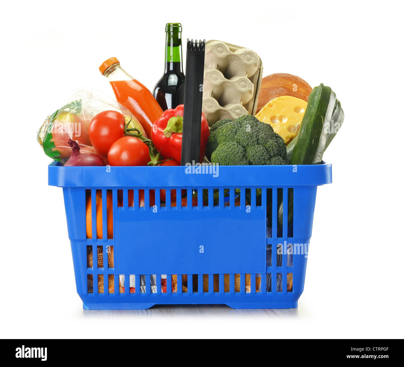 Composition with shopping basket and groceries isolated on white Stock  Photo - Alamy