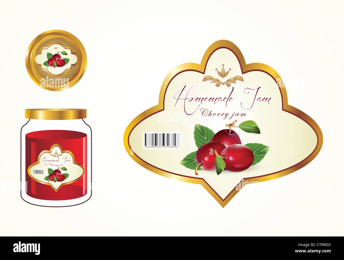 Labels, fruit jam, jam jars and lids to see the label Stock Photo Alamy