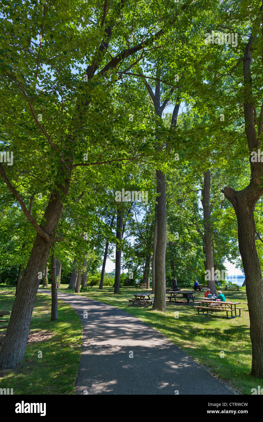 Path through the woods and picnic area in Presque Isle State Park, Lake