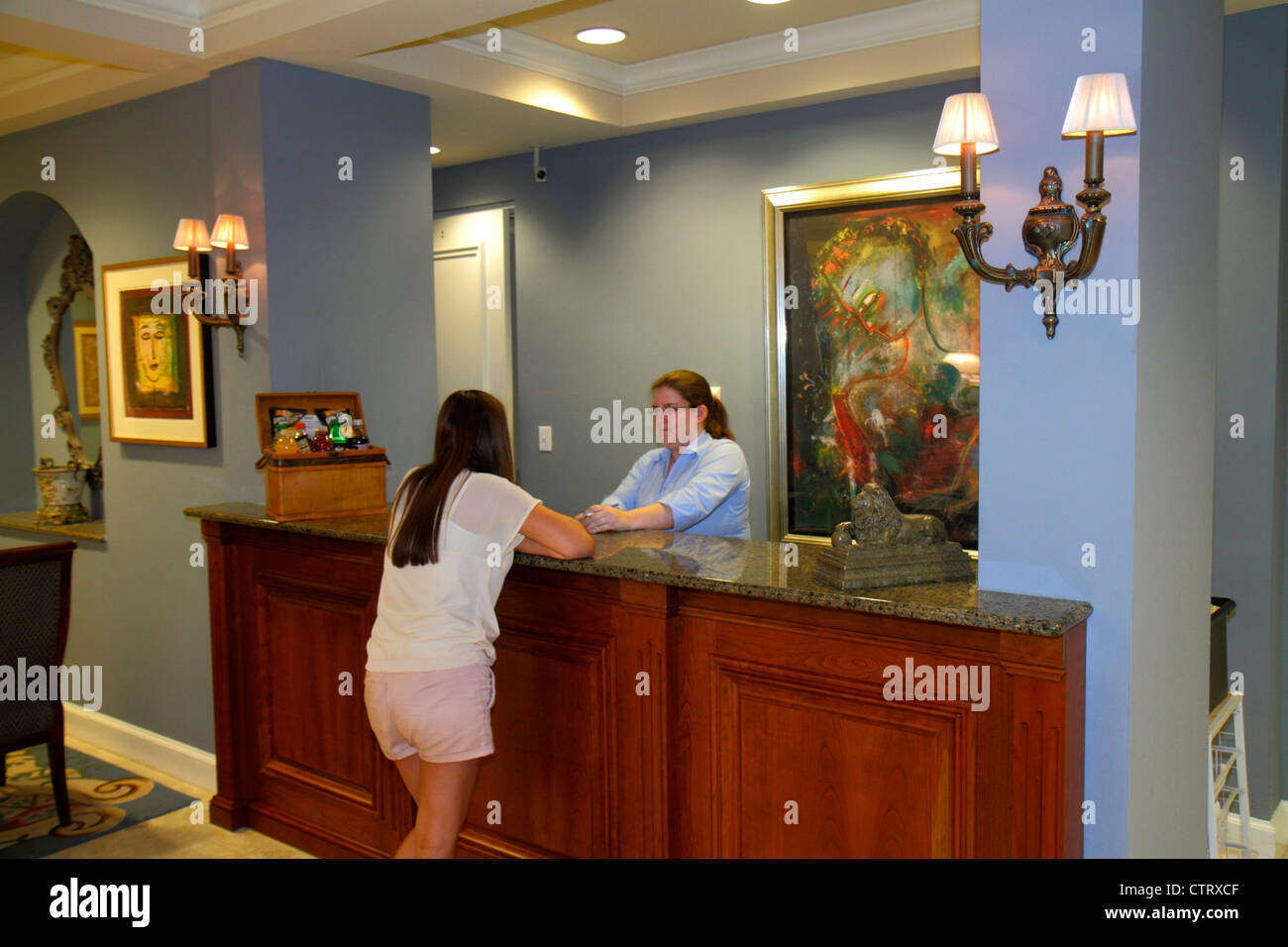 Florida,Lee County,Bonita Springs,Trianon Bonita Bay,hotel,lobby,interior inside,front desk check in reception reservation reservations register,regis Stock Photo