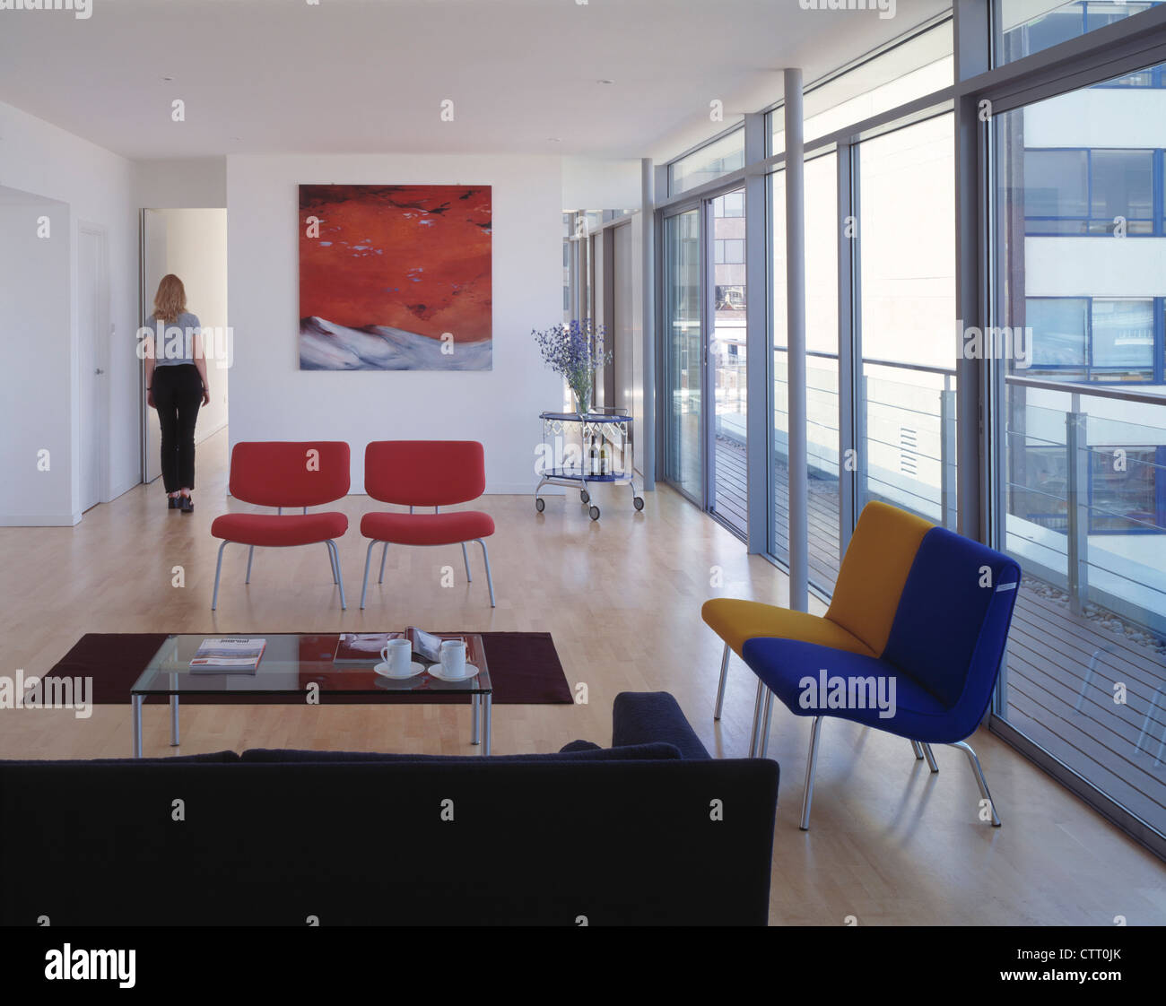 penthouse apartment apartment level 6 style street london e1 july 1999 orms main living space showing terrace right wooden Stock Photo