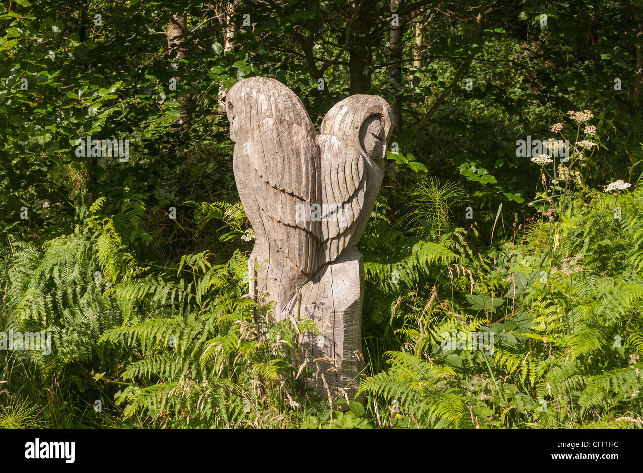 Owl statue carved out of wood situated on the Oakridge woods walk near