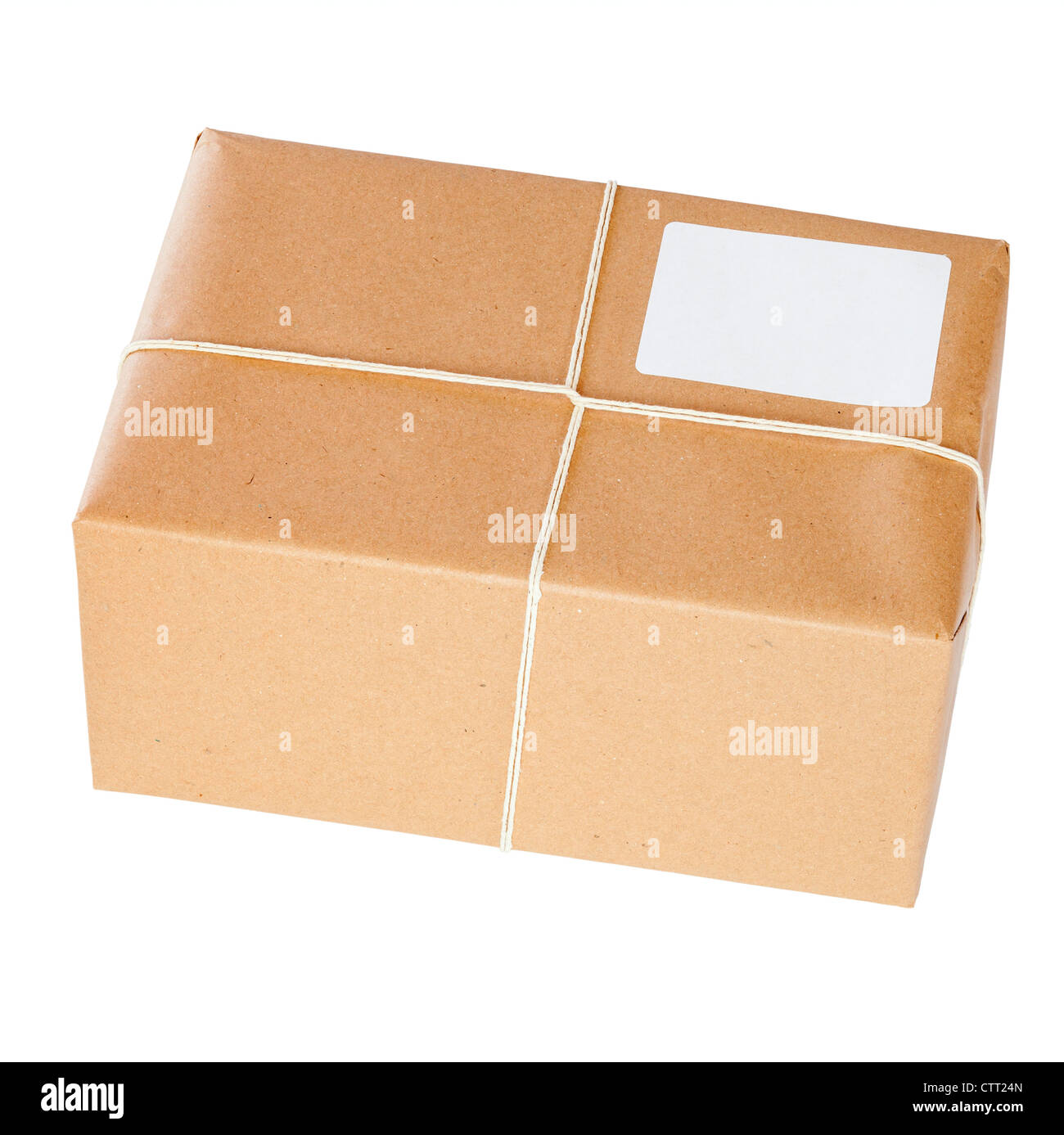 Brown Paper Parcel, tied with string, isolated on white. Fully in focus, front and back. Stock Photo