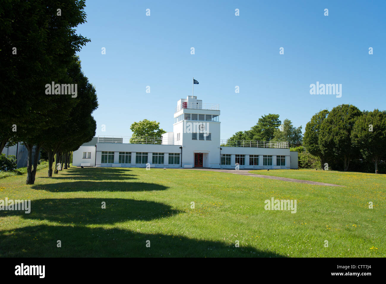 Former, art deco, airfield control tower (now offices), Brooklands, Weybridge, Surrey, England, United Kingdom Stock Photo