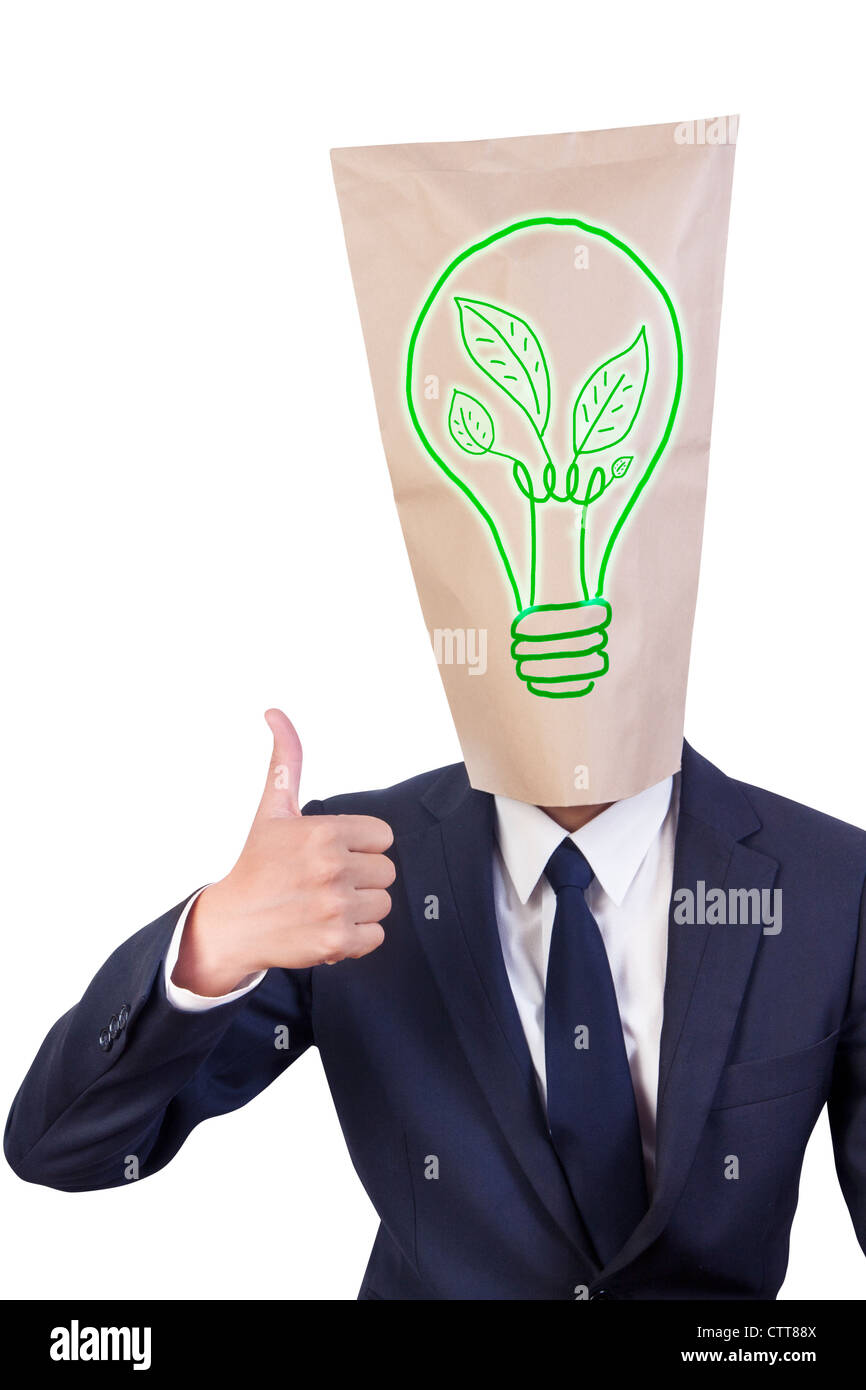Businessman cover head show his thumbnail and have sign of green energy on his face Stock Photo