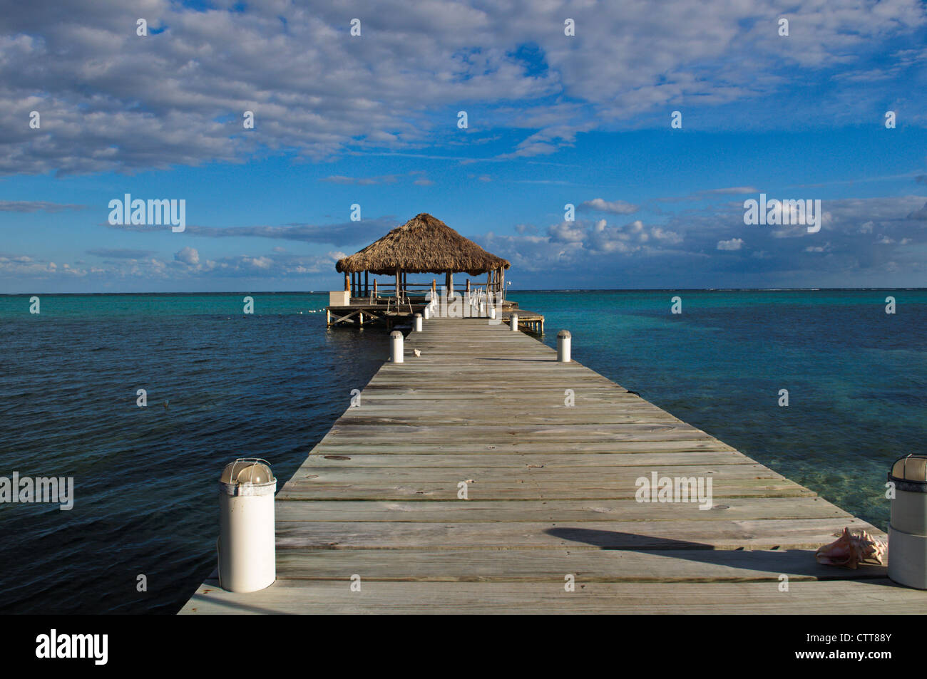 Beach Deck with Palapa floating in the water Stock Photo