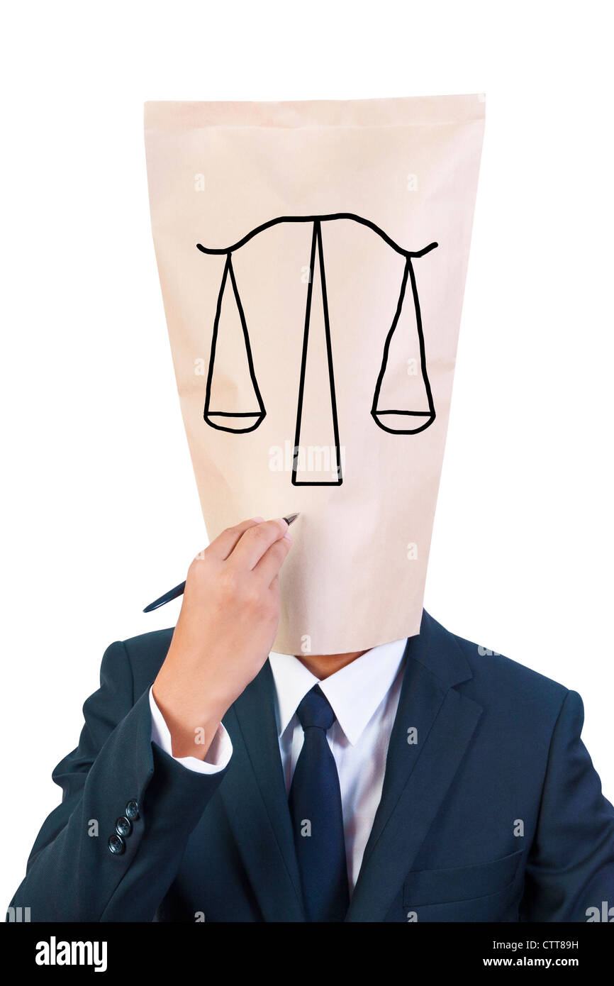 Businessman cover head show writing sign of justice on his face Stock Photo