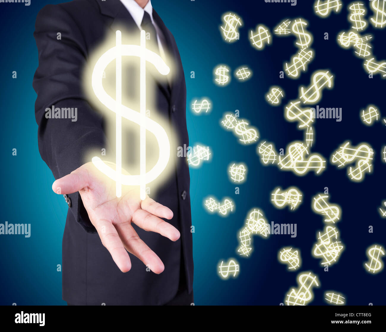 Businessman holding graphic of dollar sign scatter on frame Stock Photo