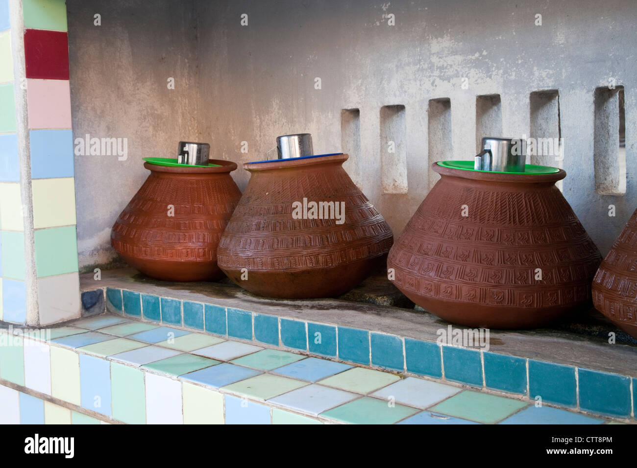 Myanmar, Burma. Bagan. Water Jars at Ananda Temple. Stock Photo