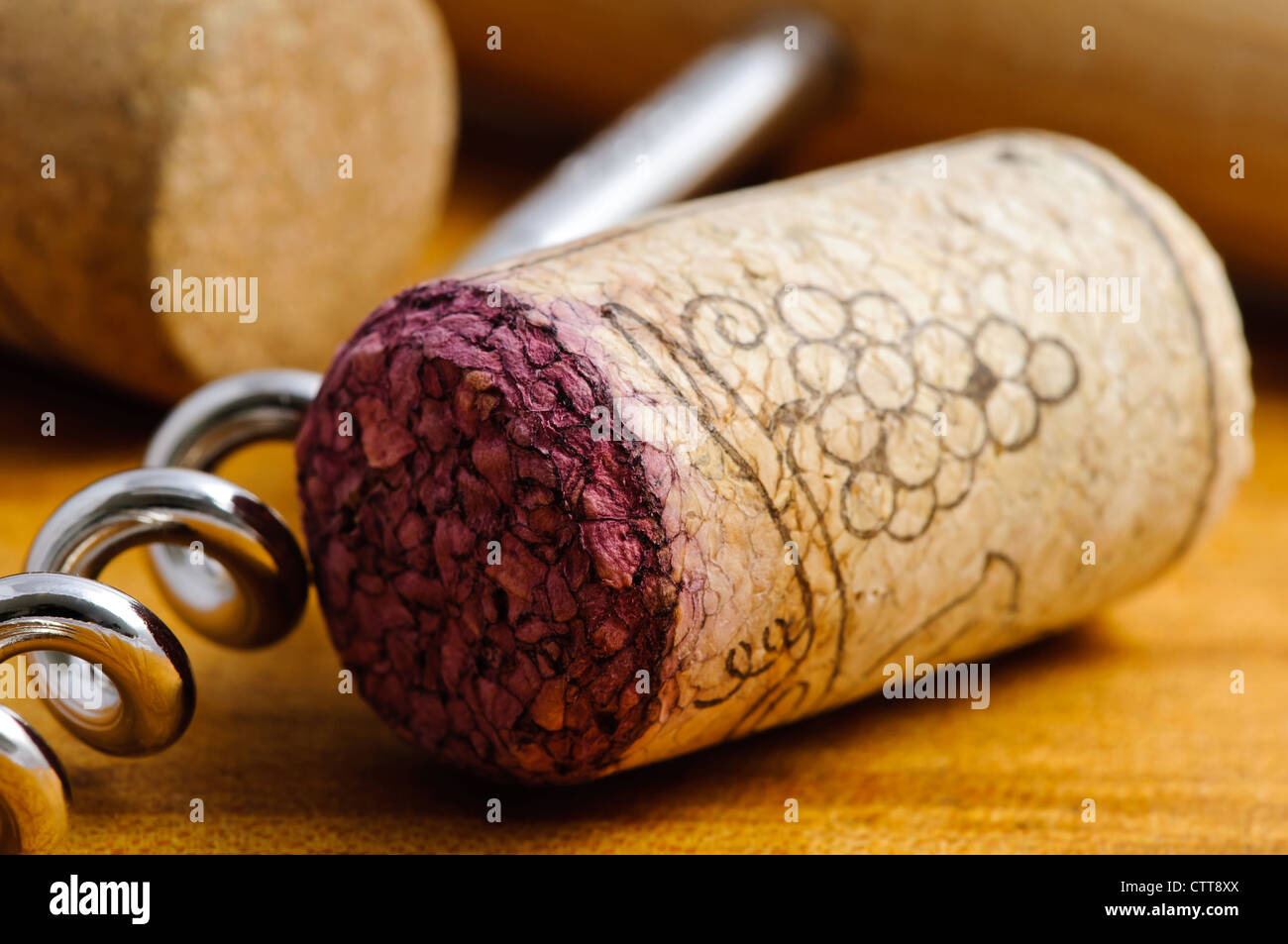 Closeup detail of wine cork and corkscrew Stock Photo