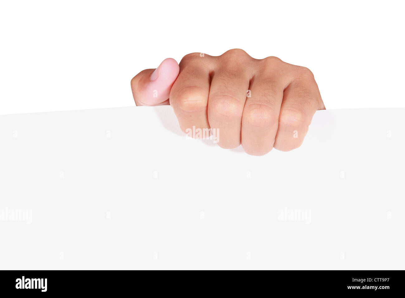 one hand hold edge paper with clipping path Stock Photo