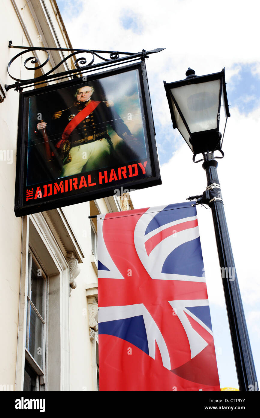 A pub sign for The Admiral Hardy pub in the Royal Borough of Greenwich, London. Stock Photo