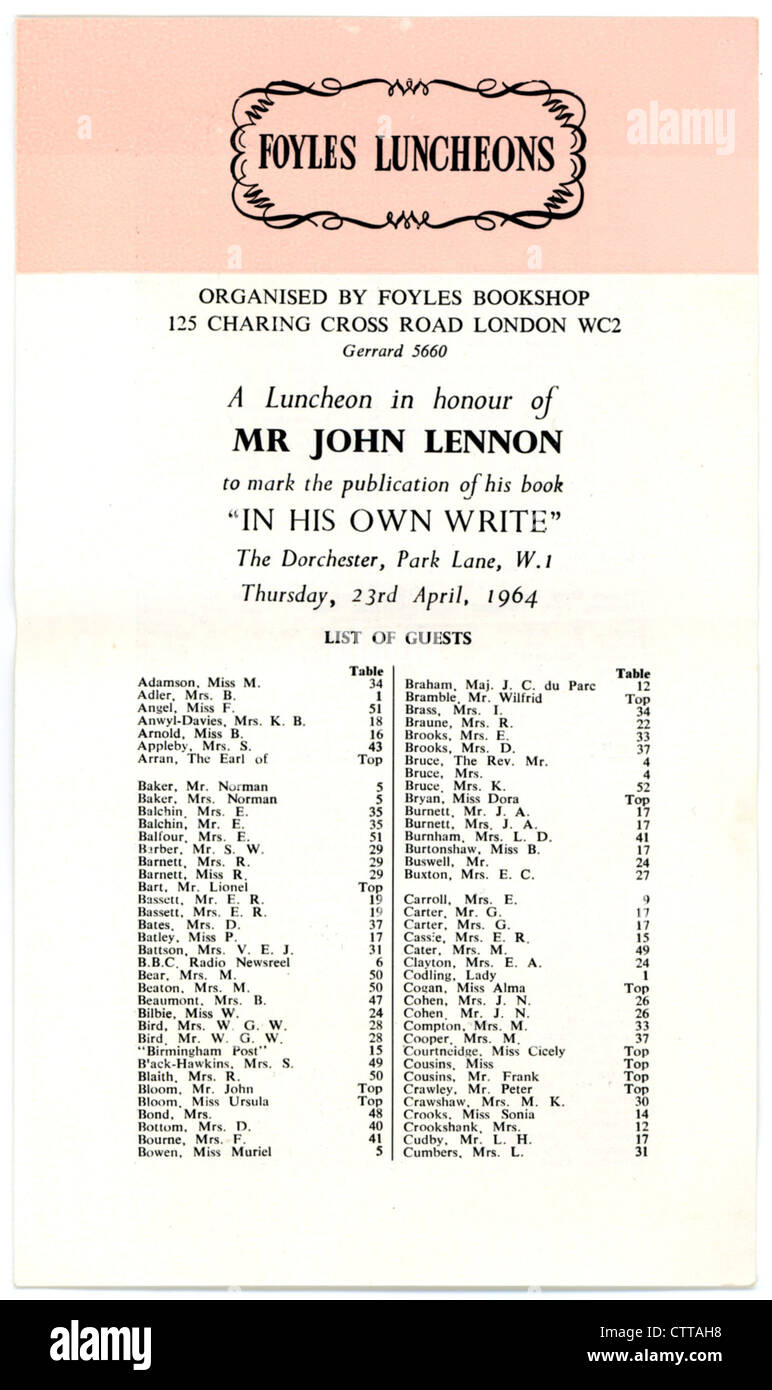 000946 - John Lennon In His Own Write Foyles Literary Luncheon Programme from 23rd April 1964 Stock Photo