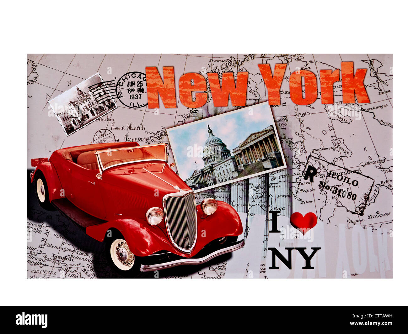 Retro postcard. New York USA stamped Chicago 1937. I love NY. Stock Photo
