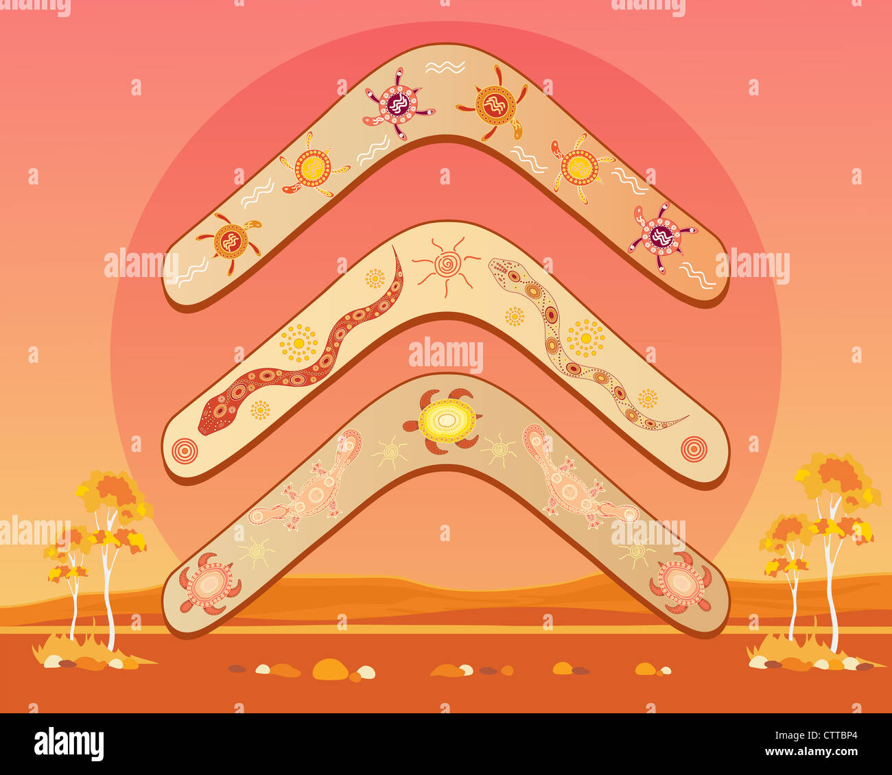 an illustration of an abstract Australian landscape with three different designs of boomerang with a hot outback sun in a greeting card format Stock Photo