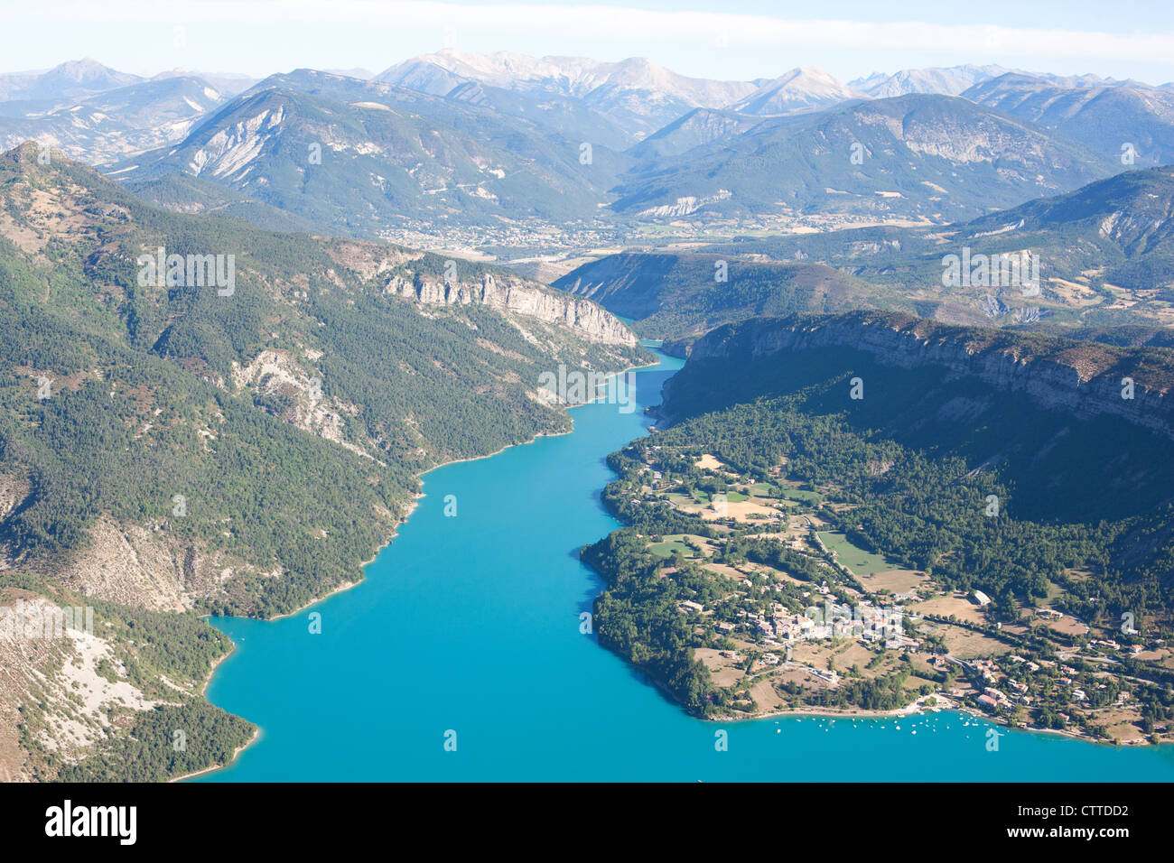 AERIAL VIEW. Lake Castillon, a reservoir on the Verdon River Valley. Saint-Julien-du-Verdon, Alpes-de-Haute-Provence, France. Stock Photo