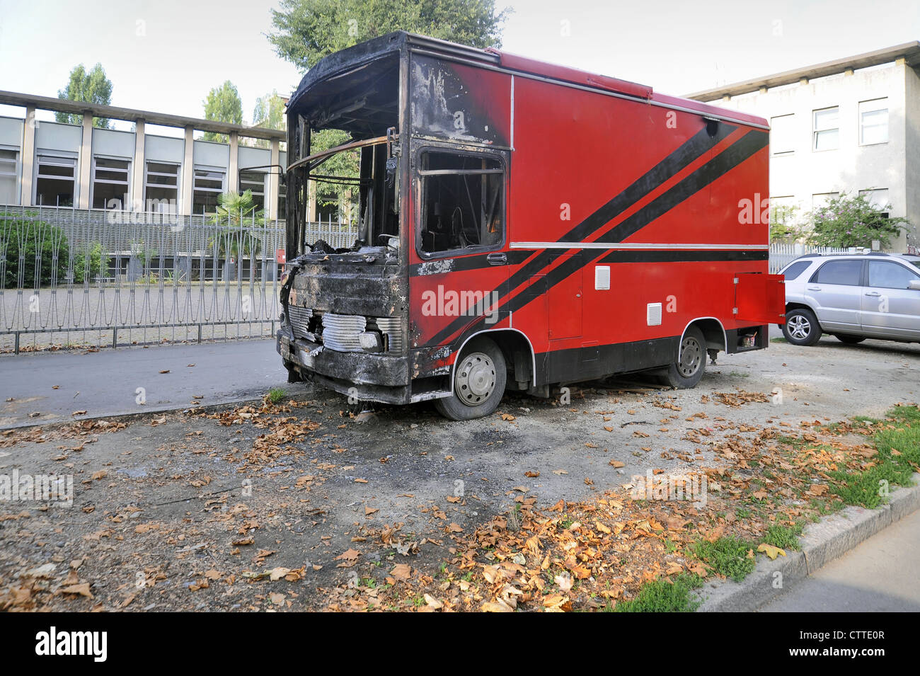 Milan, food truck destroyed by arson  because the owner had refused to pay 'protection money' to a Mafia family Stock Photo