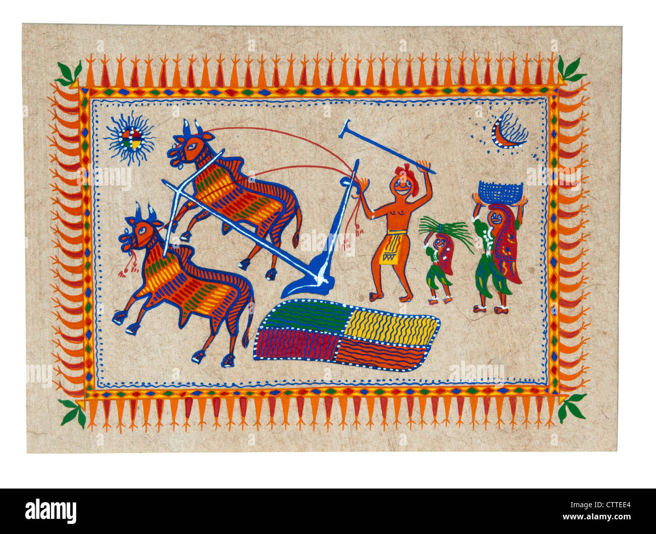 Tribal art India, Gond painting illustrating stories of agriculture in olden days, bullock cart ploughing field Stock Photo