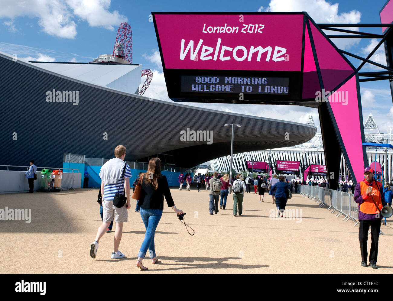London 2012 Olympic Games - Welcome sign at entrance to Olympic Park Stock Photo