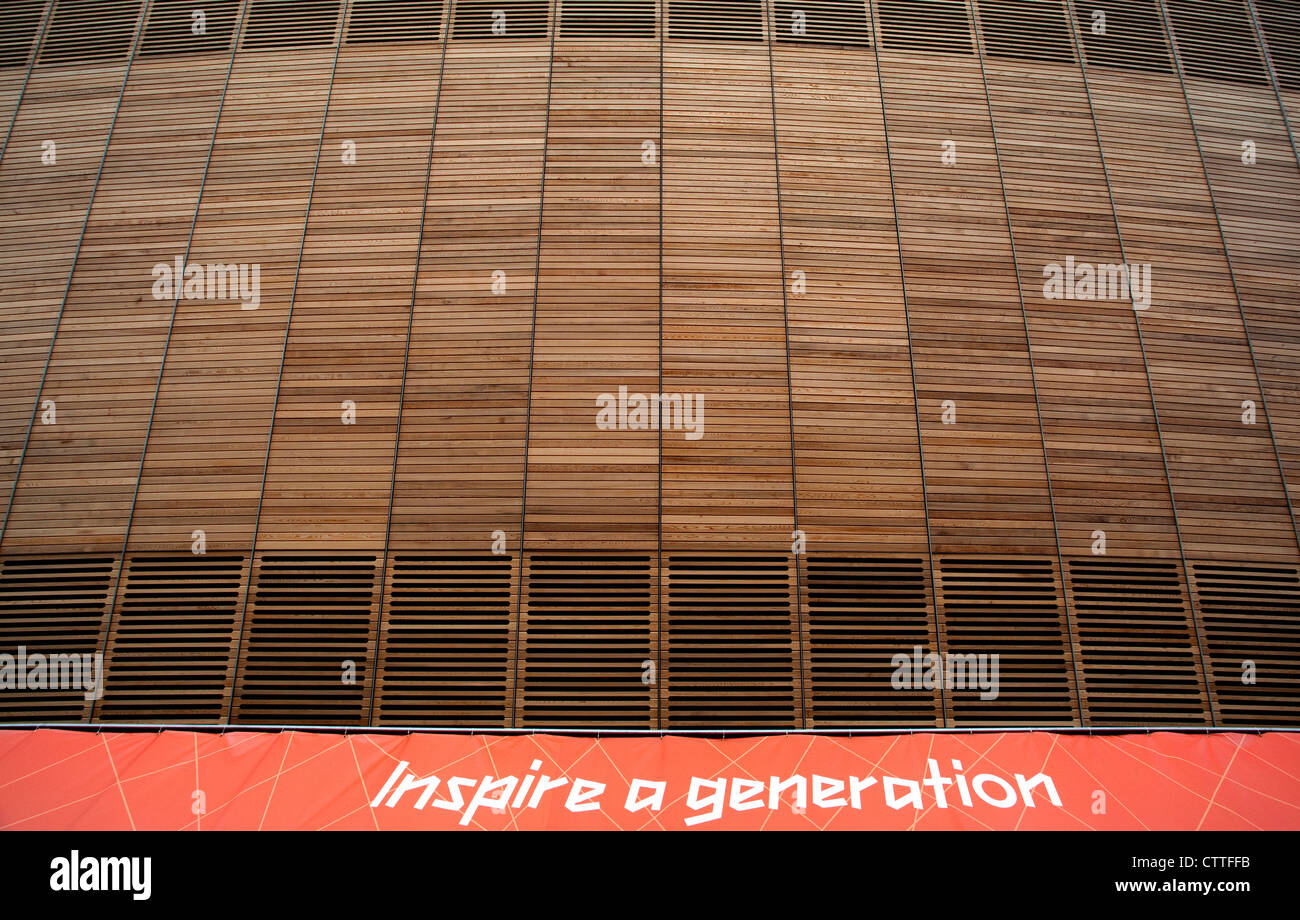 Velodrome in Olympic Park, London (detail) with Inspire A Generation slogan Stock Photo