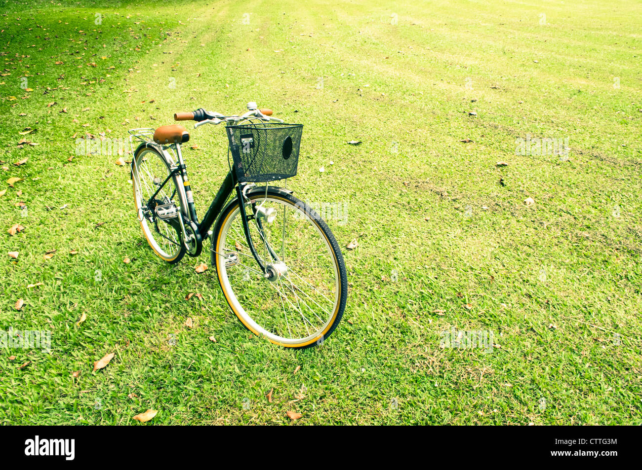 a bicycle is parked on green grass field. Stock Photo