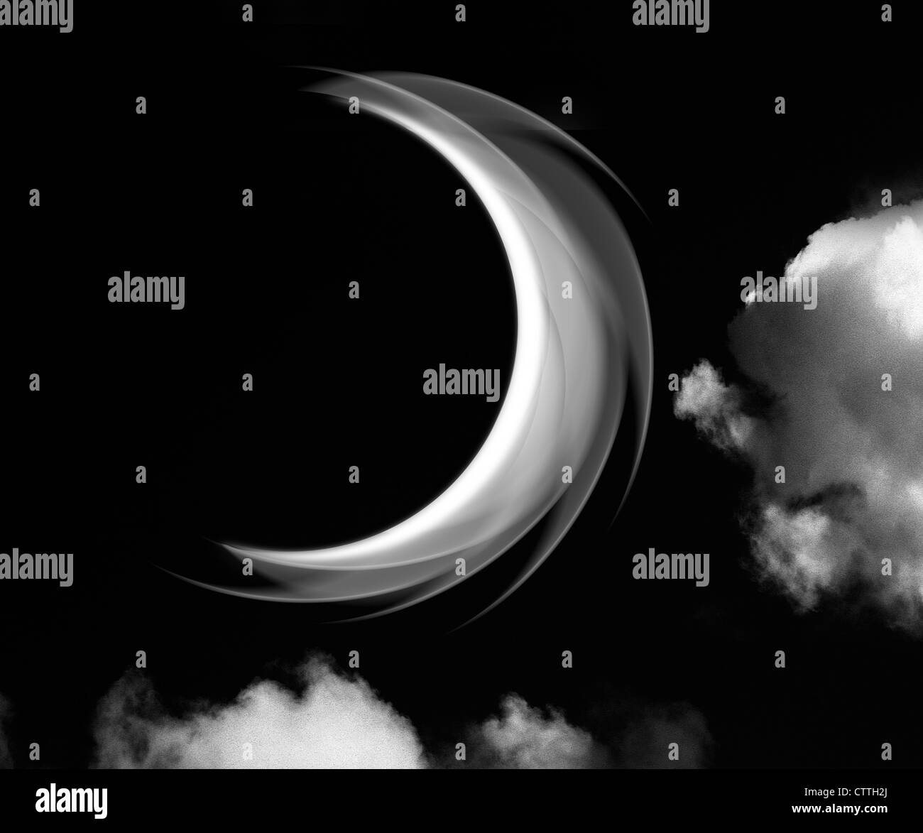 A fantasy cloudscape a crescent moon between clouds. Stock Photo