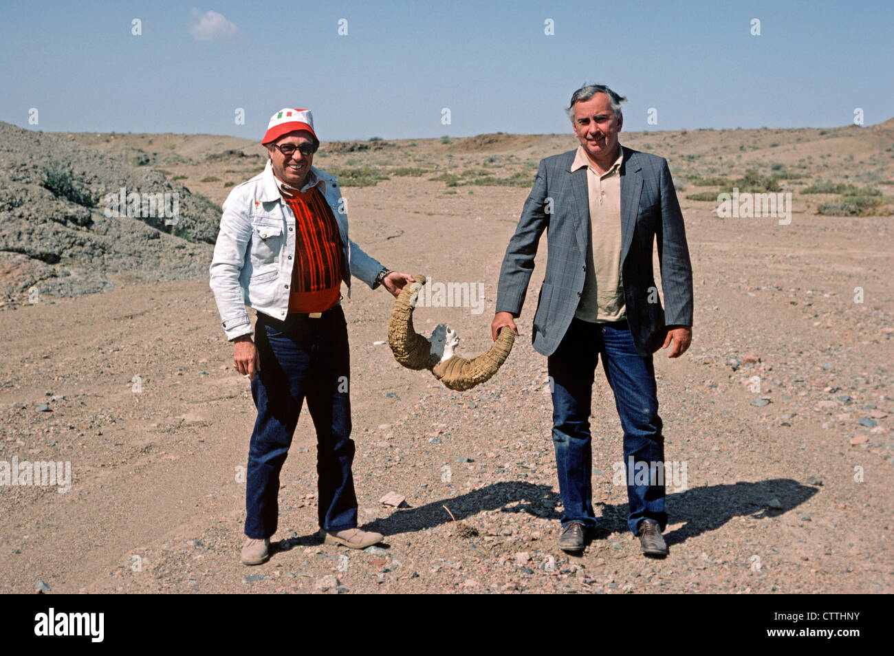 Gore Vidal American Author with his friend, Howard Austen in the Gobi Desert, Mongolia, 1982, 1980's Stock Photo