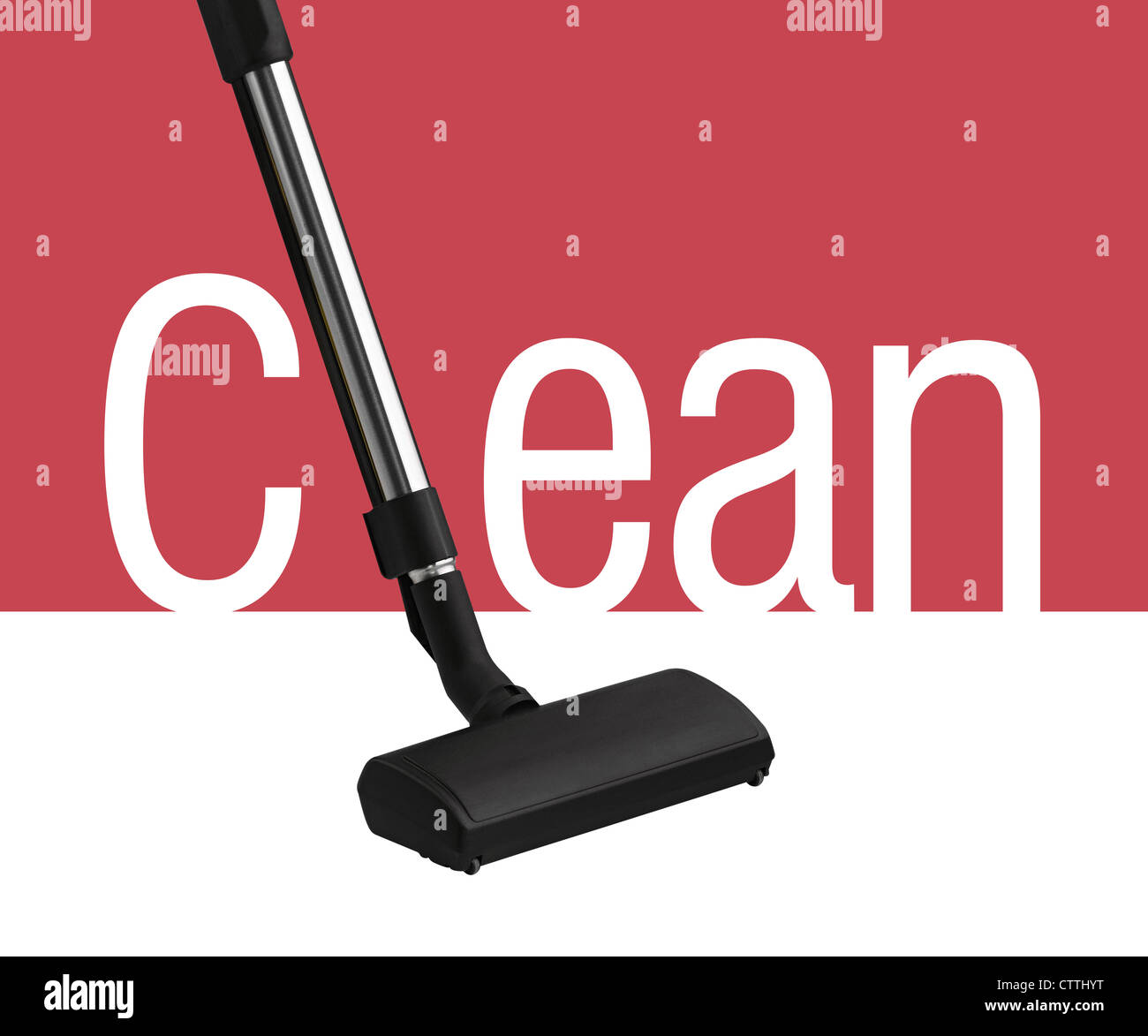 Vacuum cleaner on white and red background as a part of clean word
