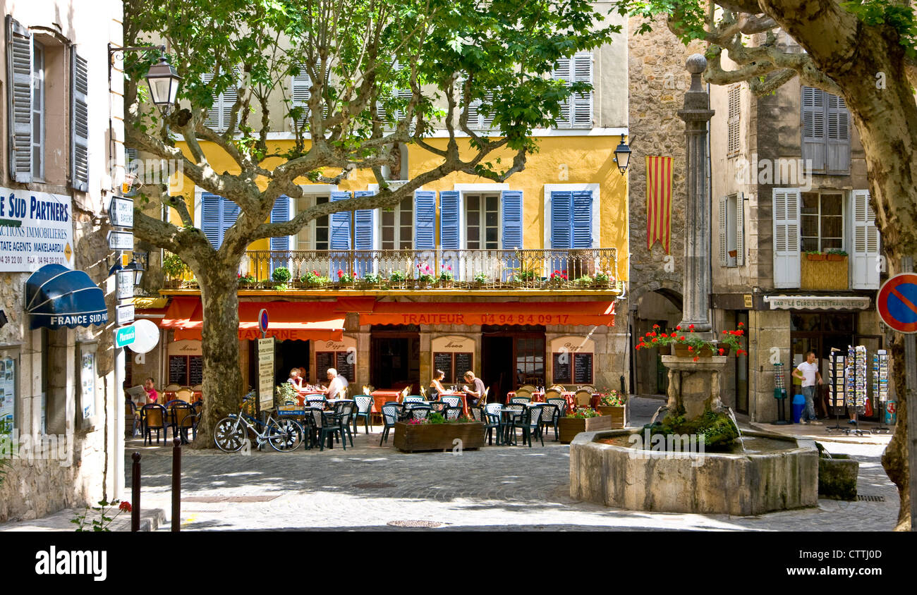 Traditional French cafe culture village square Bargemon Var Provence France Europe Stock Photo