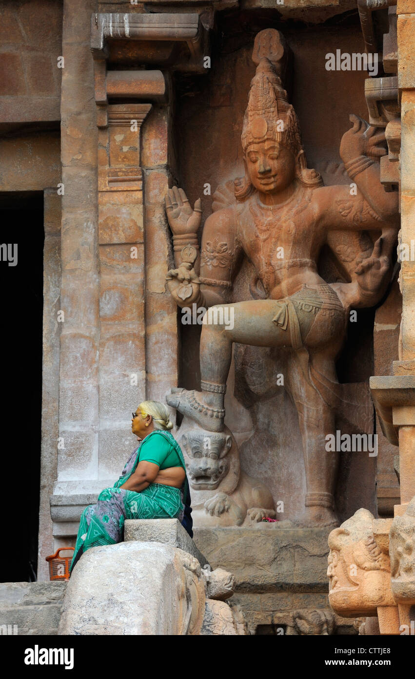 A visitor at the Big Temple, Chola Architecture Stock Photo