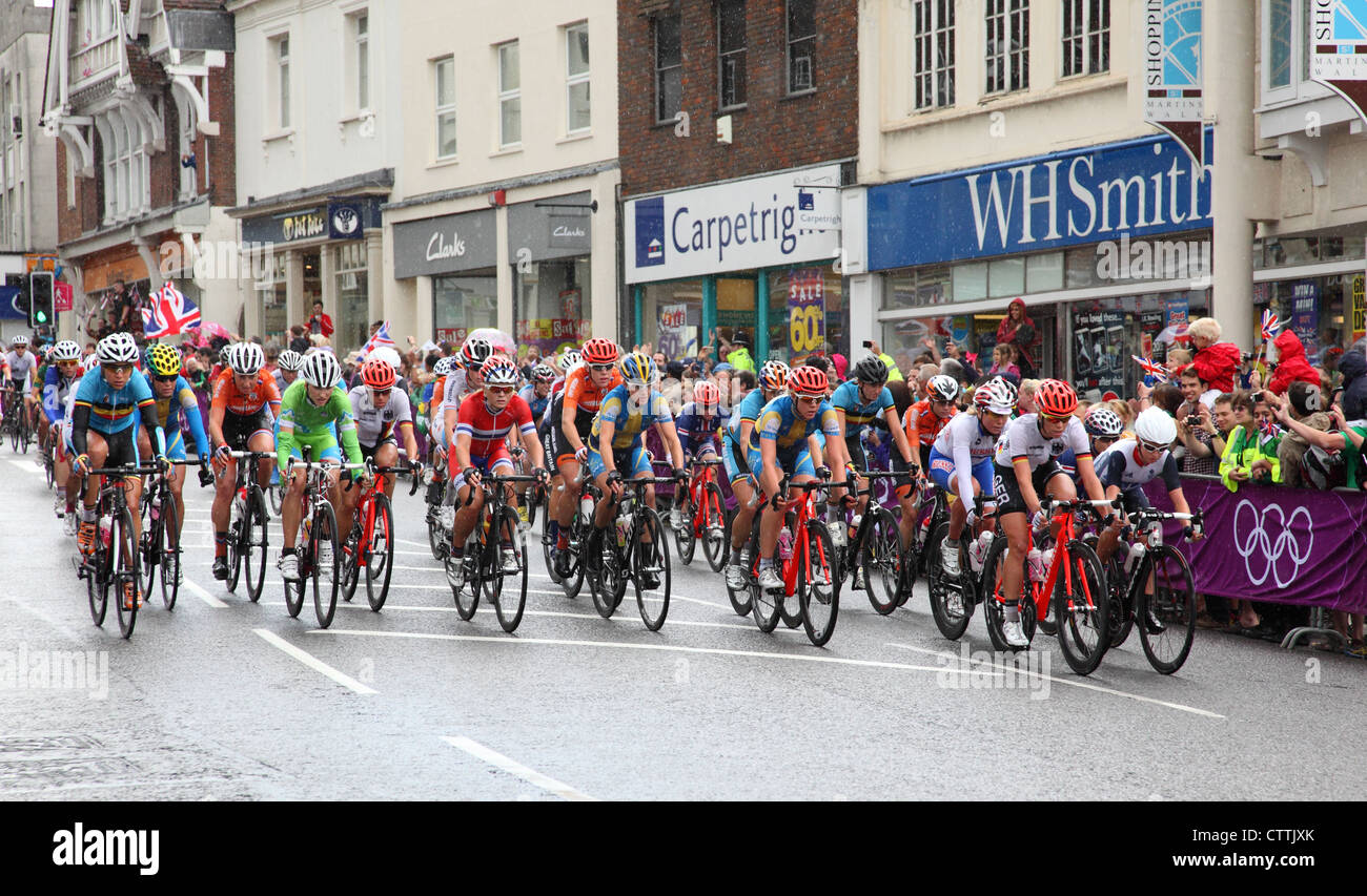 Women's Olympic Cycling Road Race, Dorking high street, Sunday 29th July 2012 Stock Photo
