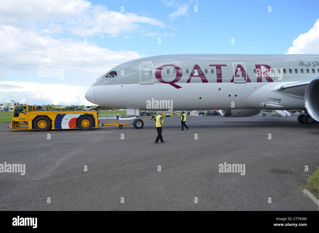 Boeing 787 Dreamliner being towed out prior to displaying at Farnborough International Airshow 2012 Stock Photo