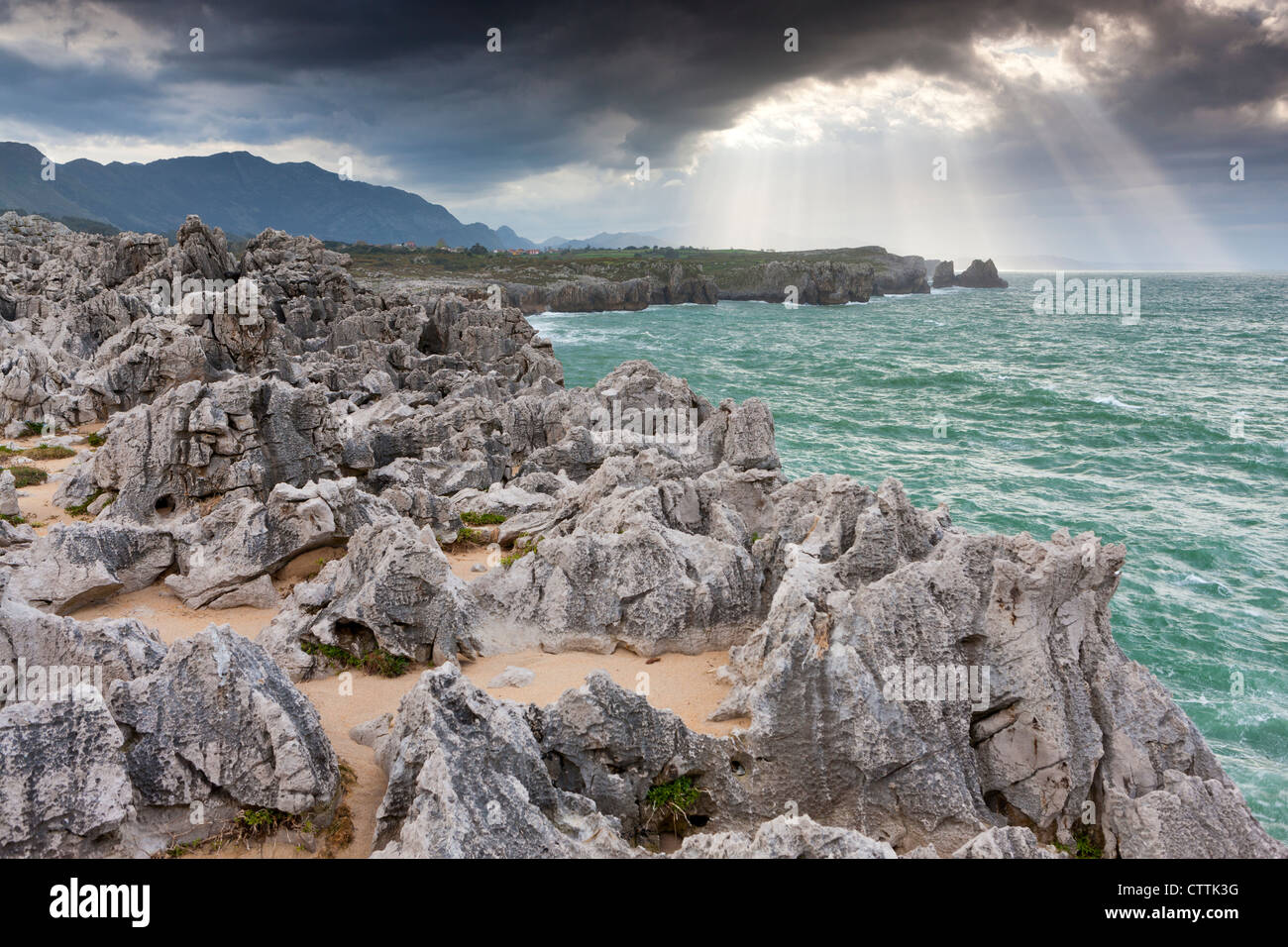 Limestone cliffs, Llames de Pría, Llanes, Asturias, Stock Photo