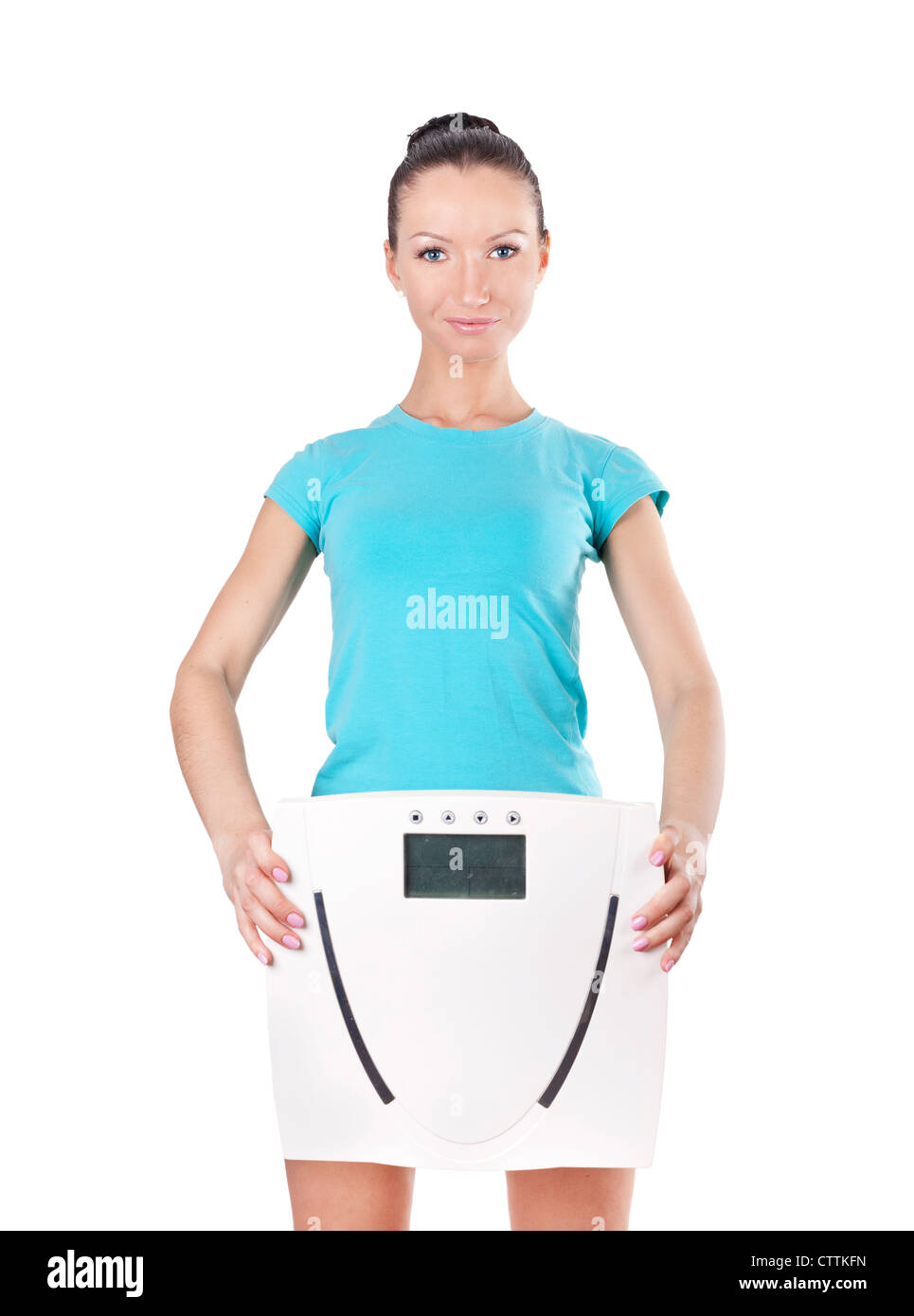 Woman holding scale, portrait Stock Photo Alamy