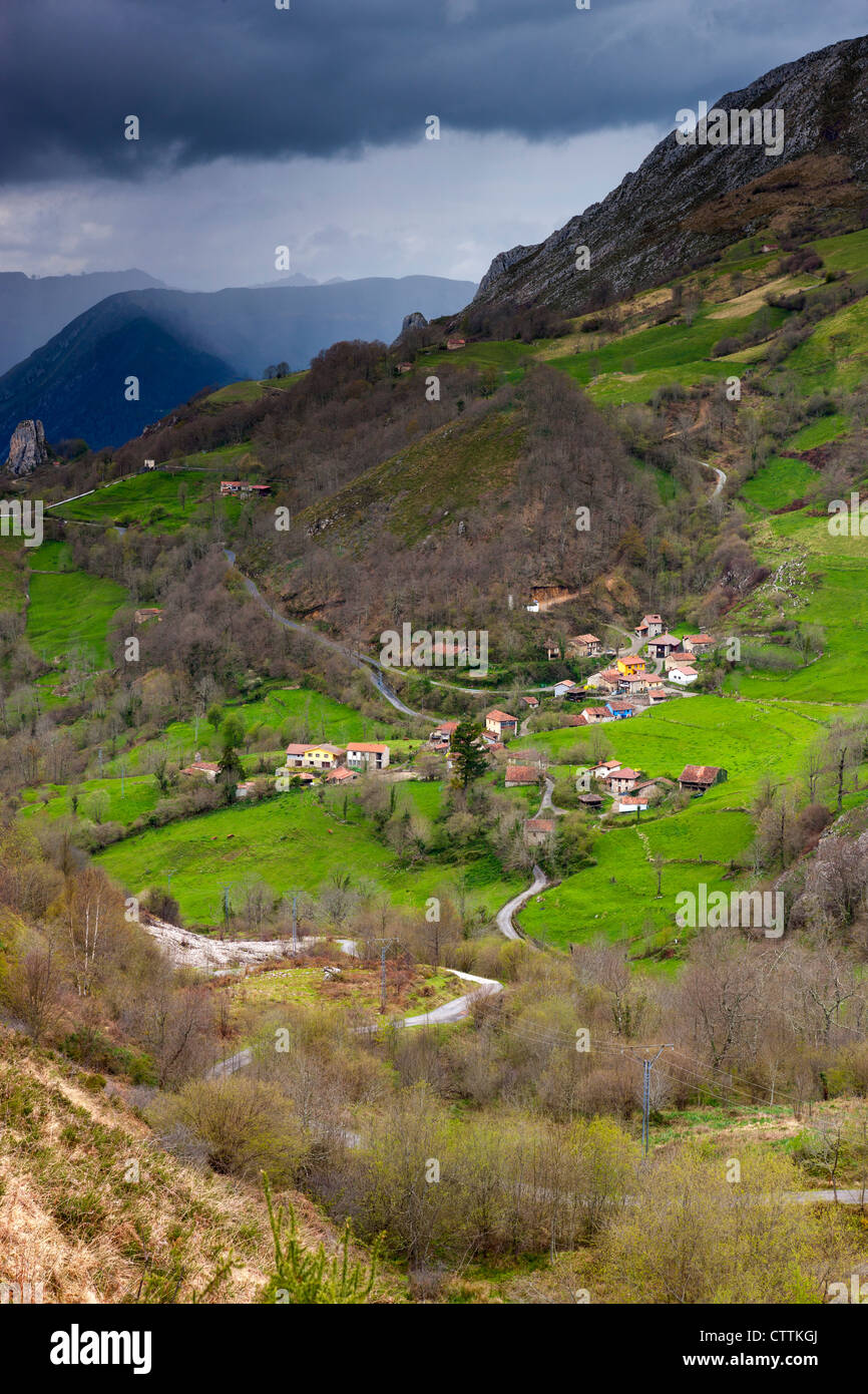 View near Amieva view towards San Roman village, Picos de Europa National Park, Asturias, Spain Stock Photo