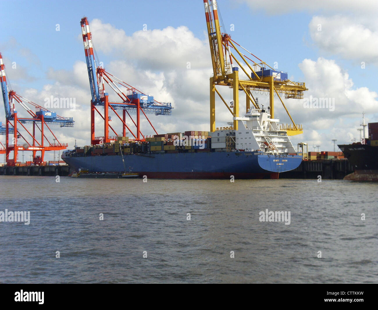 The container ship '''Conti Singa''' at the container terminal of Bremerhaven, Germany Stock Photo