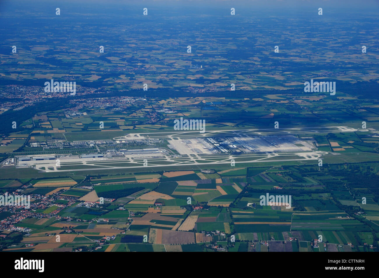Aerial overview of Munich International airport (MUC) looking towards north, Bavaria Germany Stock Photo