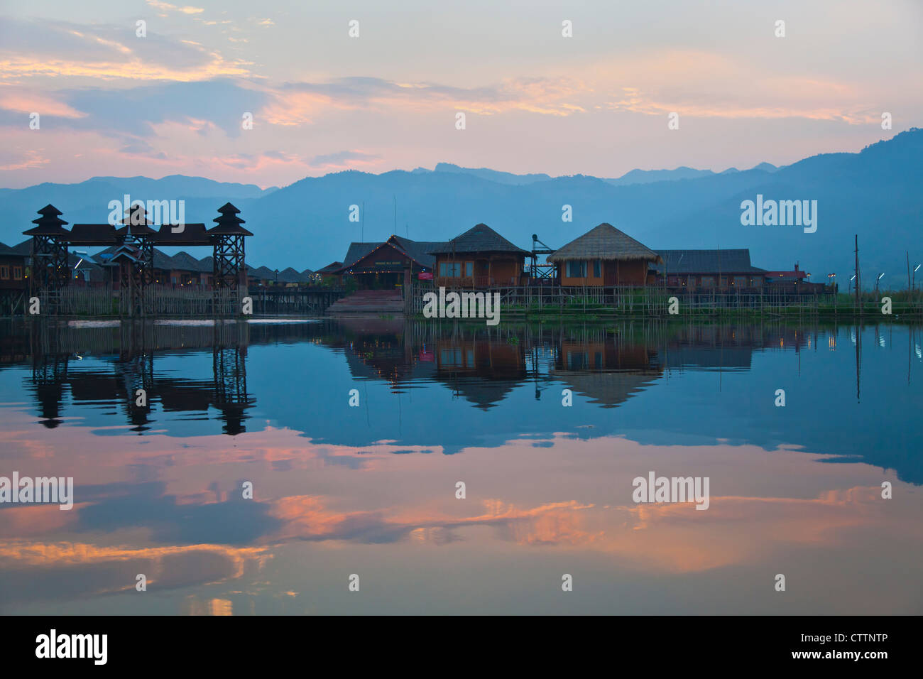 SKY LAKE RESORT consists of individual bungalos built on stilts on INLE LAKE - MYANMAR Stock Photo