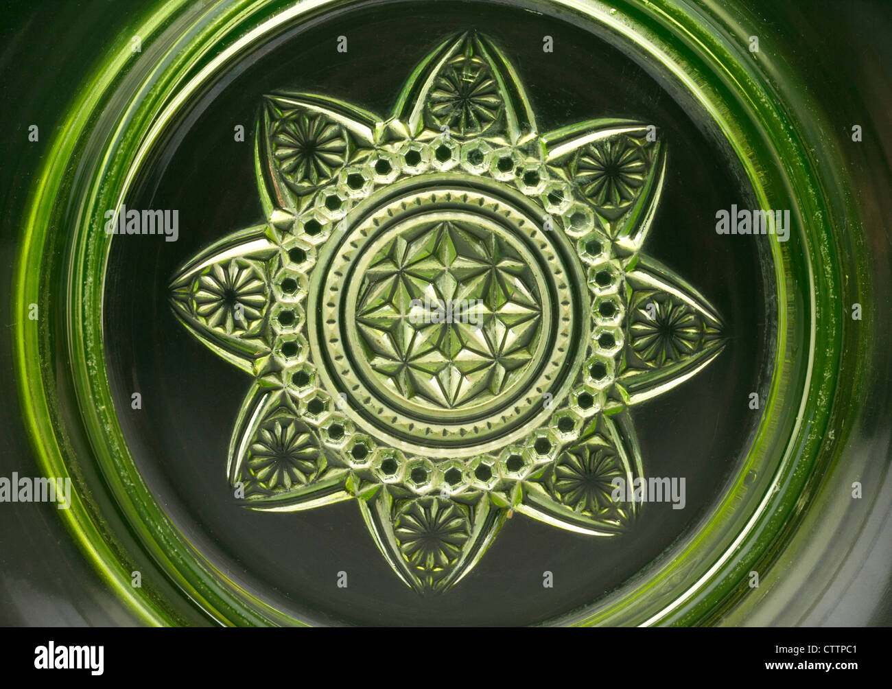 Bottom of a Ranson 'gold band' Vaseline 'uranium glass' round covered butter dish produced by the - Stock Image
