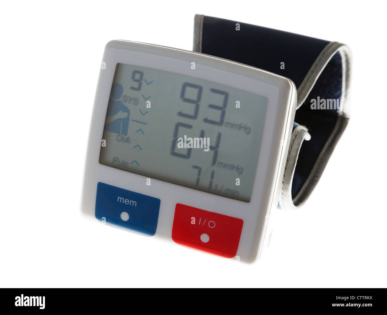 Personal home blood pressure monitor with wristband showing low systolic diastolic and heart rate values on LCD display screen Stock Photo