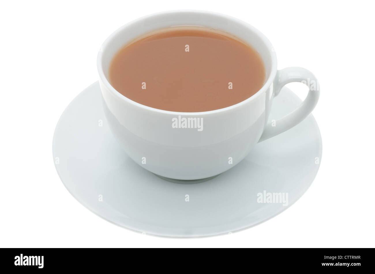 A cup of tea in white china crockery - studio shot with a white background Stock Photo