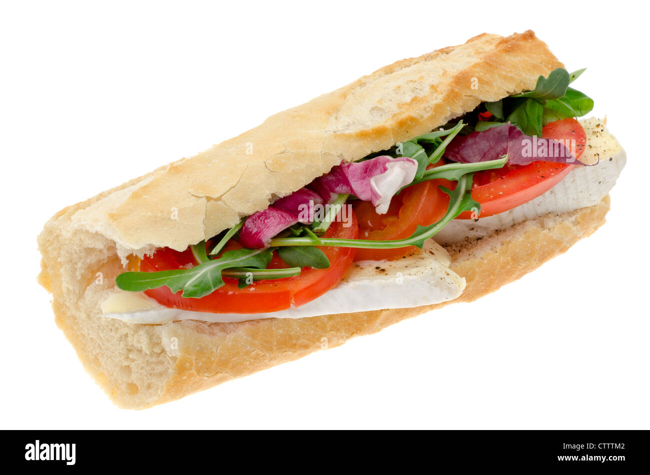 Brie cheese and salad baguette sandwich studio shot with a white