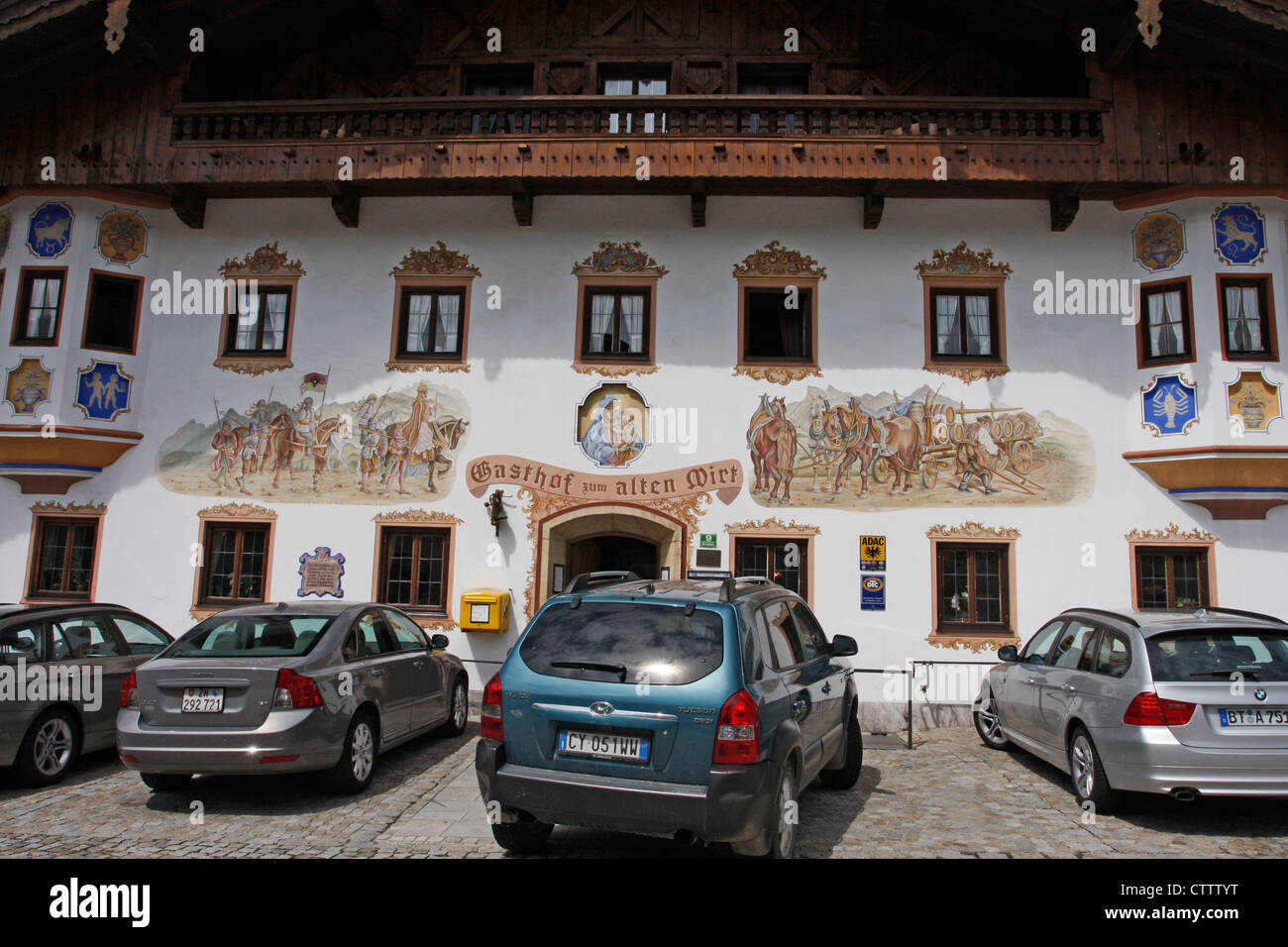 Beautifully painted murals on an Austrian gasthof ,restaurant ,hotel...in the Austrian Tyrol. Stock Photo