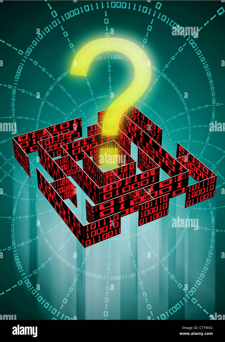 Labyrinth mit Fragezeichen und Datenkolonnen Stock Photo
