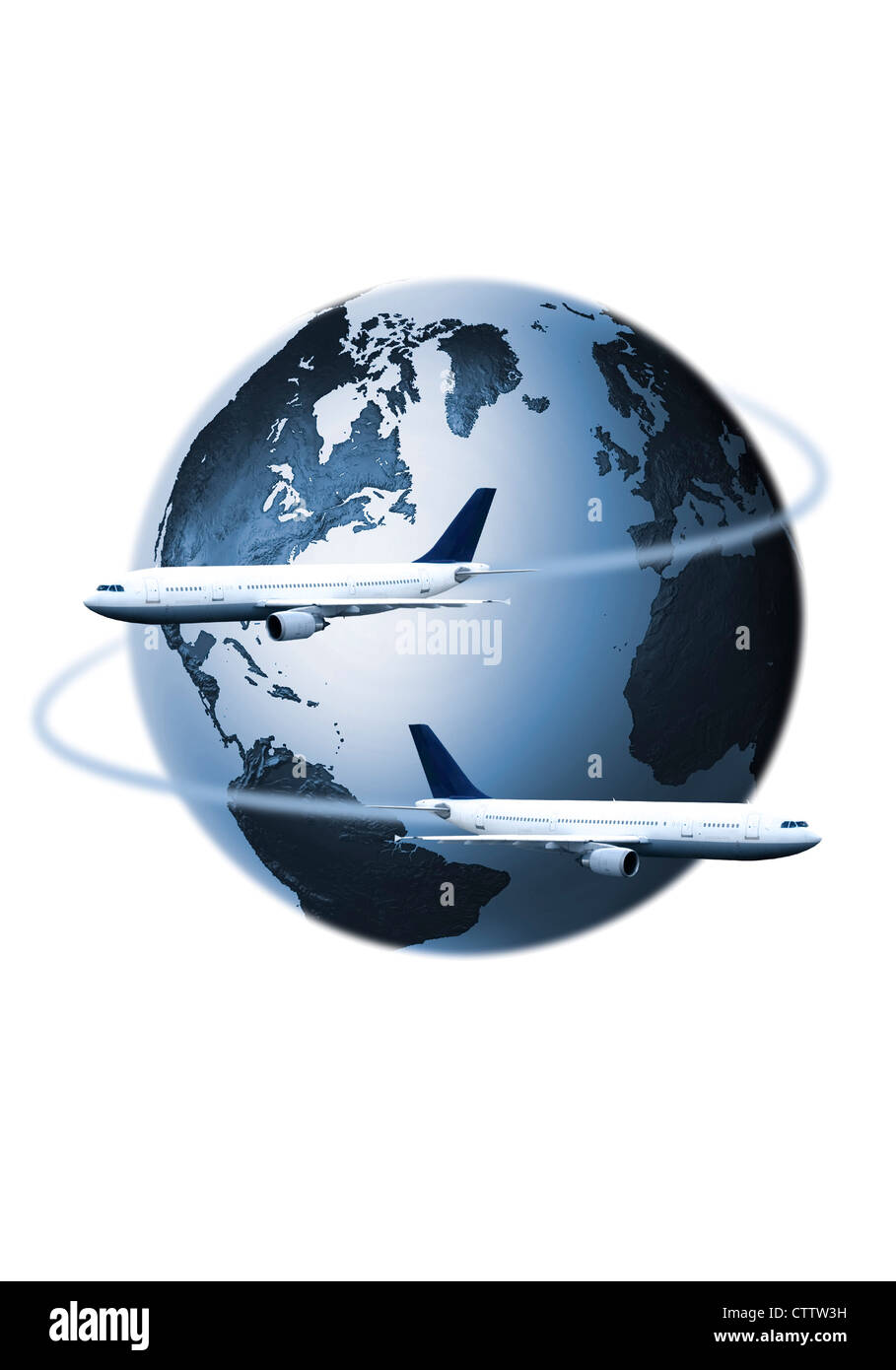 2 Flugzeuge kreisen um eine Weltkugel auf weißem Hintergrund Stock Photo