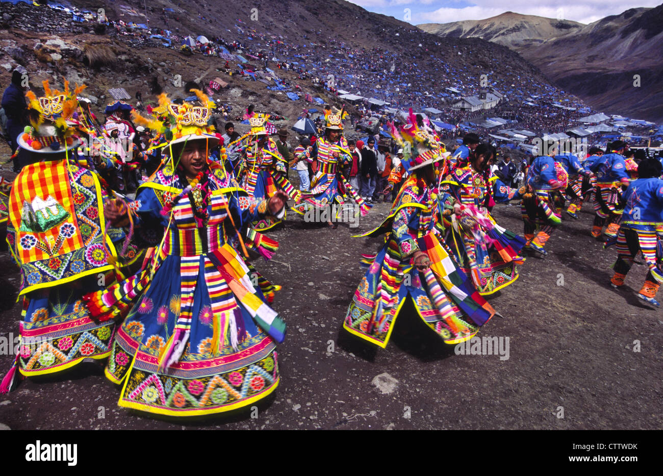 Quechua dancers during the Qoyllur Ritti Pilgrimage. Ocongate, Cuzco Department, Peru. Stock Photo