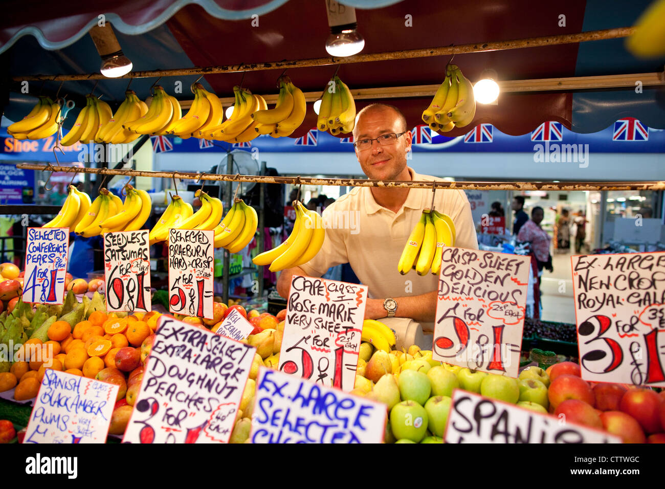 Stratford Centre fruit and vegetable market stall in the East London