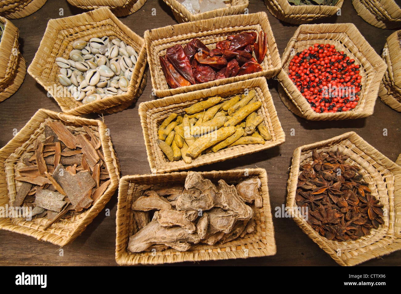 spice tray in the ancient medina in Marrakech, Morocco Stock Photo